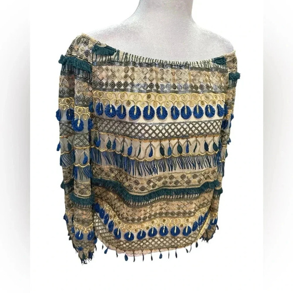 Alice + Olivia Mixed Media Boho Beaded Fringe Blouse size S - Picture 3 of 16
